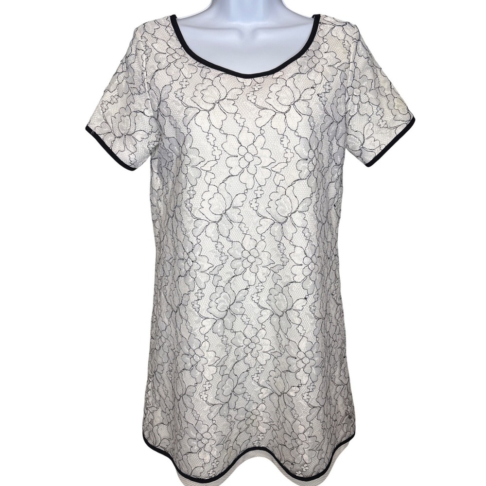Barneys New York Womens White Black Floral Lace Shift Mini Dress Sz XS Old Money